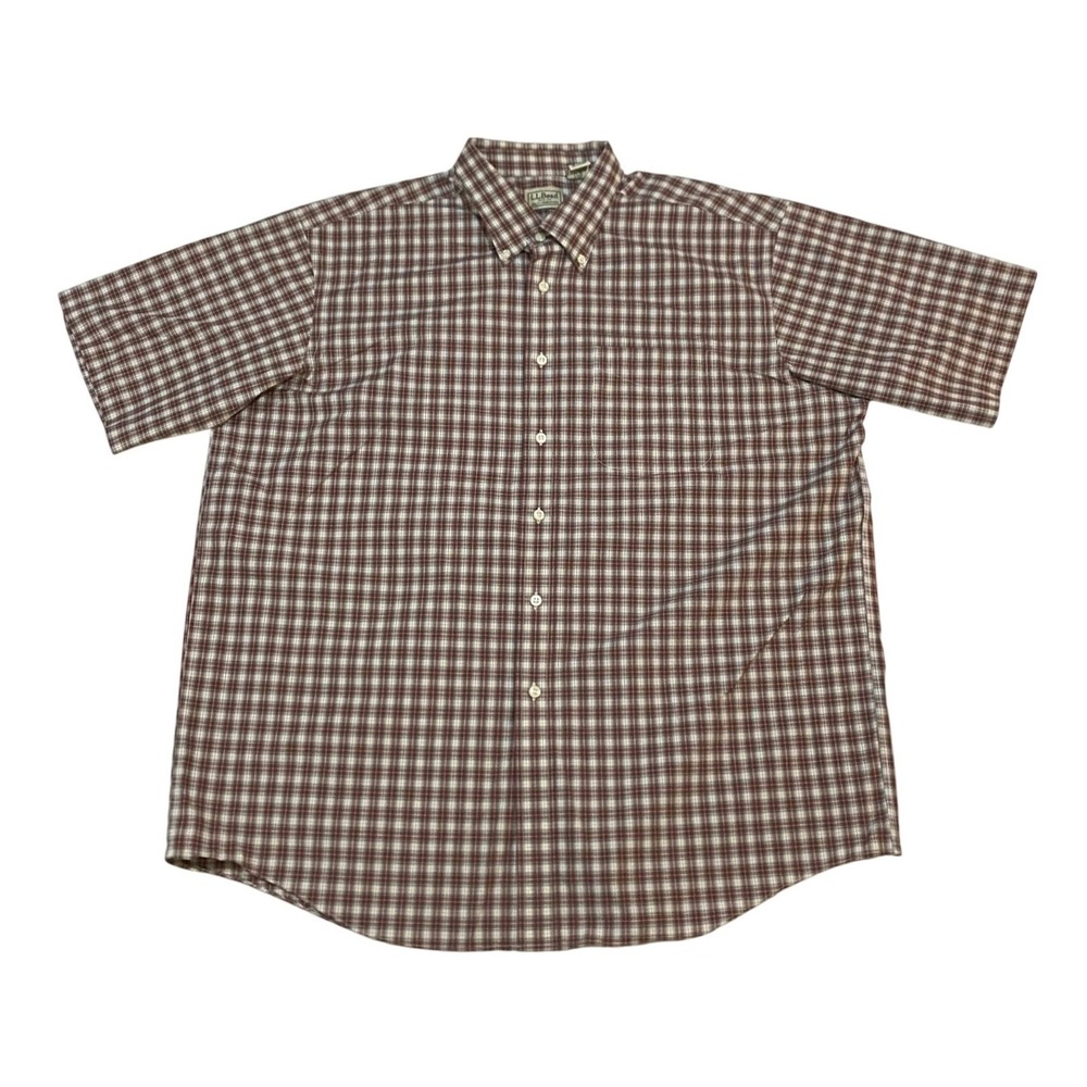 LL Bean Mens XL Regular Short Sleeve Plaid Button Down Shirt Cotton Burgundy‎